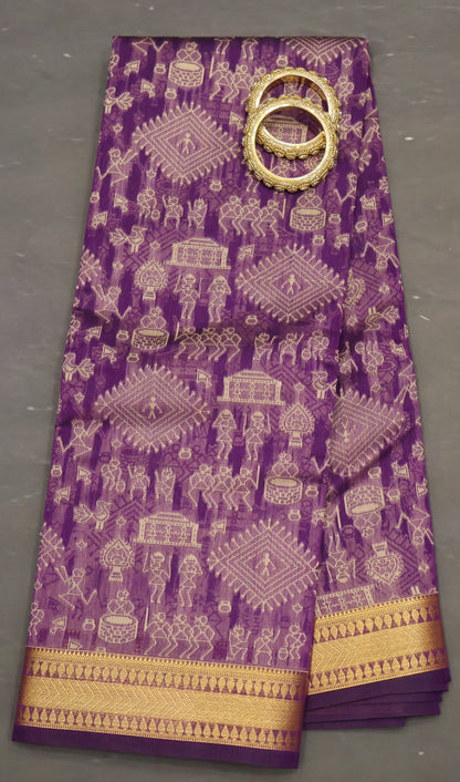 Kora Silk Cotton Saree - Warli Pattern-Purple