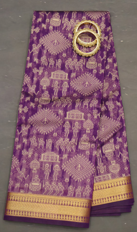 Kora Silk Cotton Saree - Warli Pattern-Purple