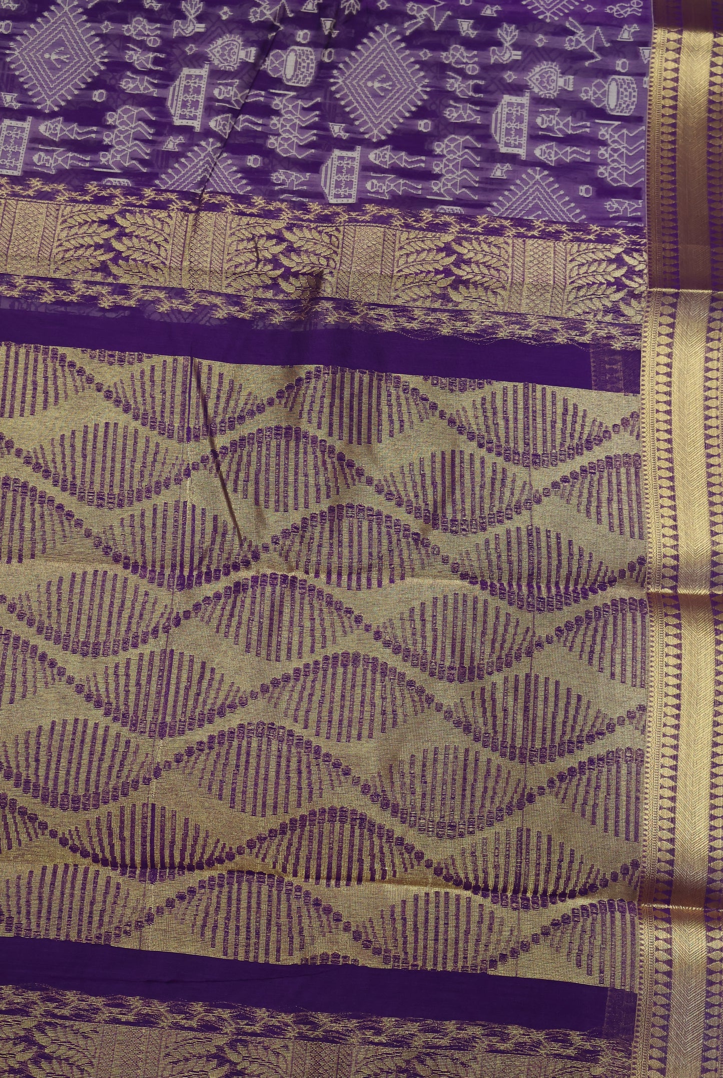 Kora Silk Cotton Saree - Warli Pattern-Purple