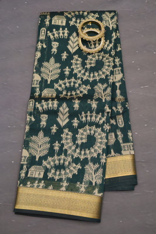 Kora Silk Cotton Saree -Village Pattern-Bottle Green