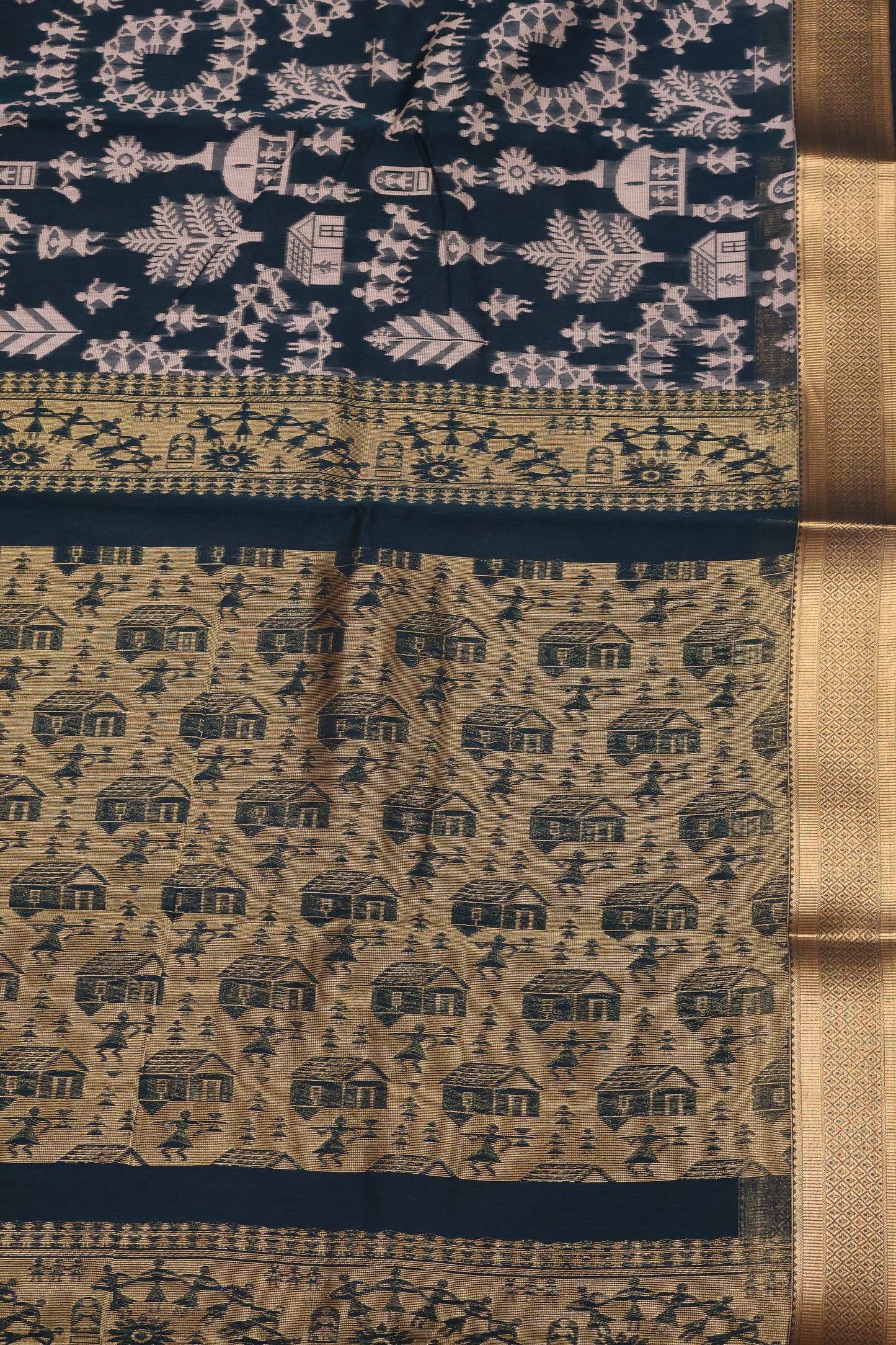 Kora Silk Cotton Saree -Village Pattern-Bottle Green