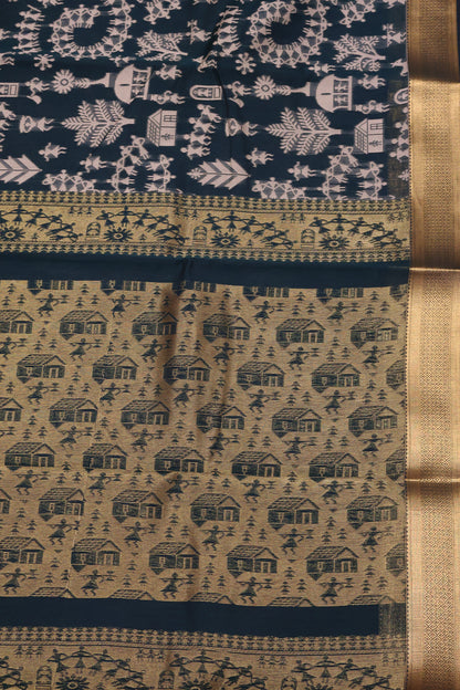 Kora Silk Cotton Saree -Village Pattern-Bottle Green