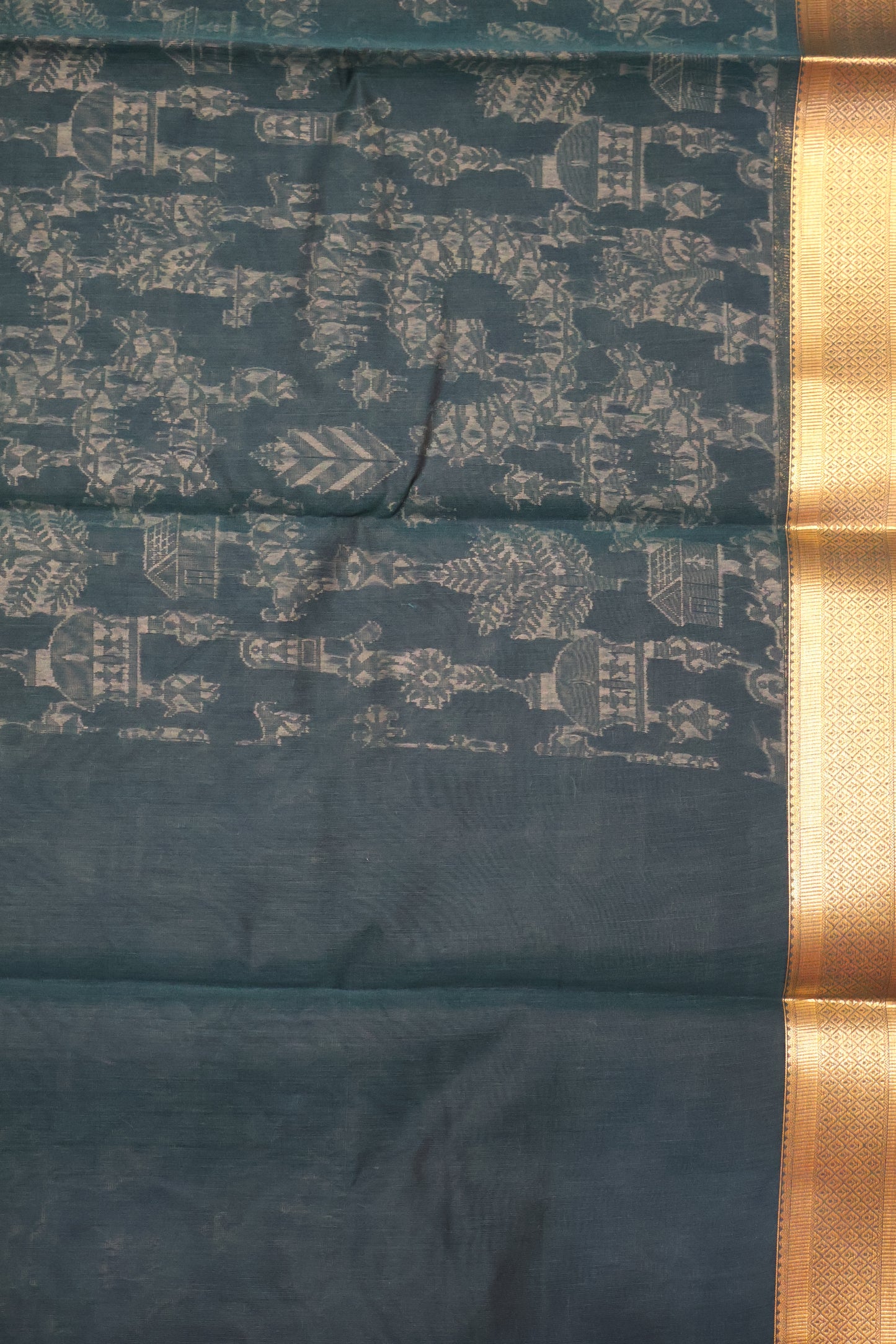Kora Silk Cotton Saree -Village Pattern-Bottle Green