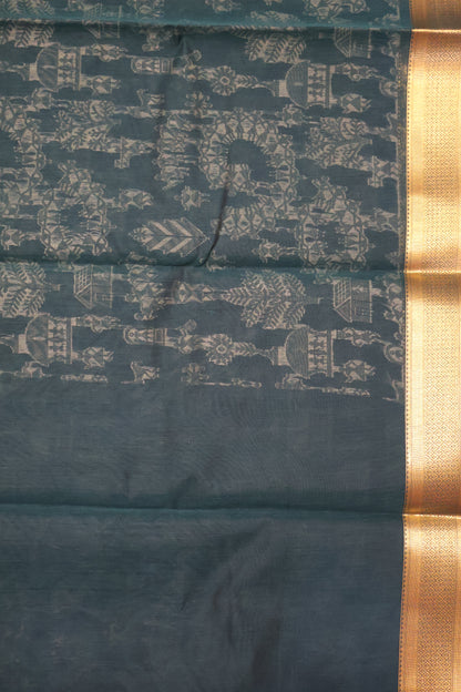 Kora Silk Cotton Saree -Village Pattern-Bottle Green