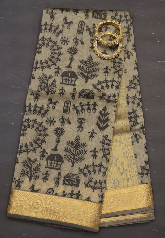 Kora Silk Cotton Saree -Village Pattern- Beige