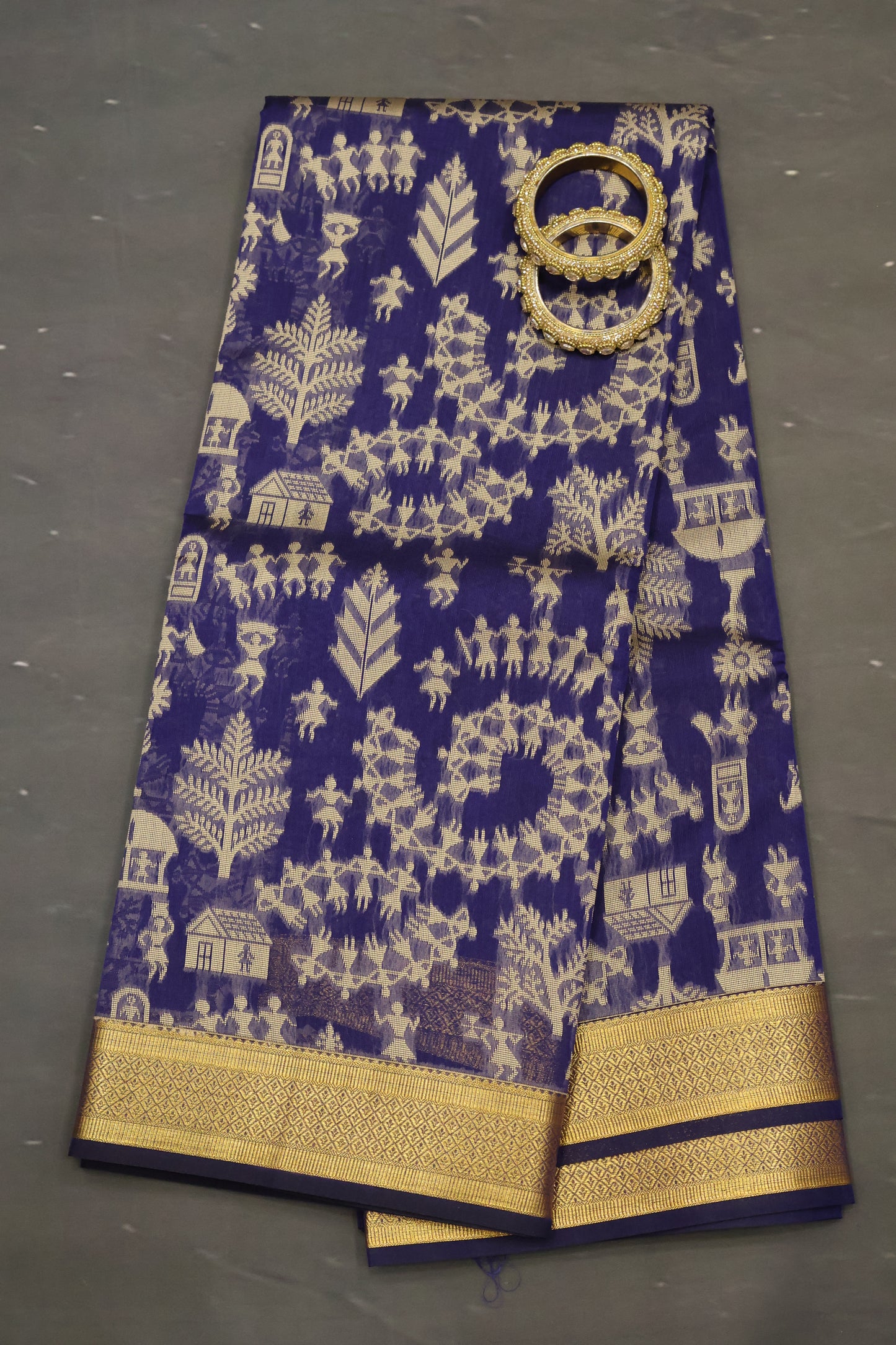 Kora Silk Cotton Saree -Village Pattern- Blue