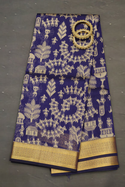 Kora Silk Cotton Saree -Village Pattern- Blue