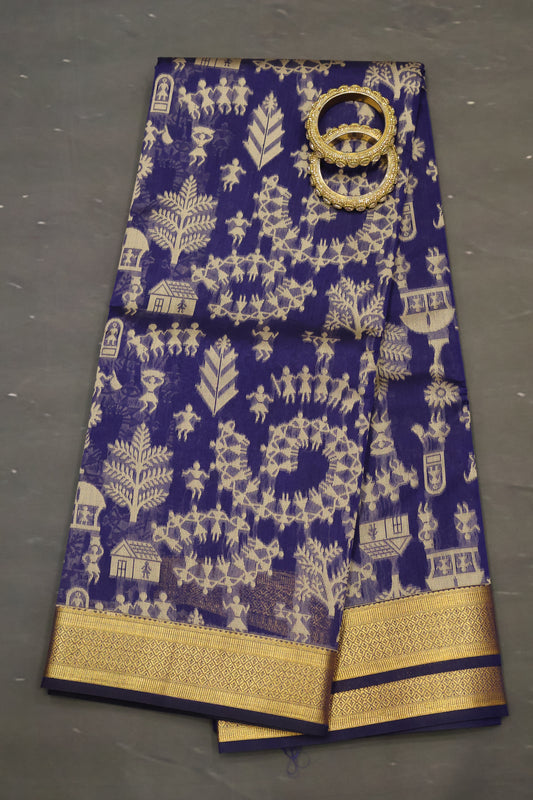 Kora Silk Cotton Saree -Village Pattern- Blue