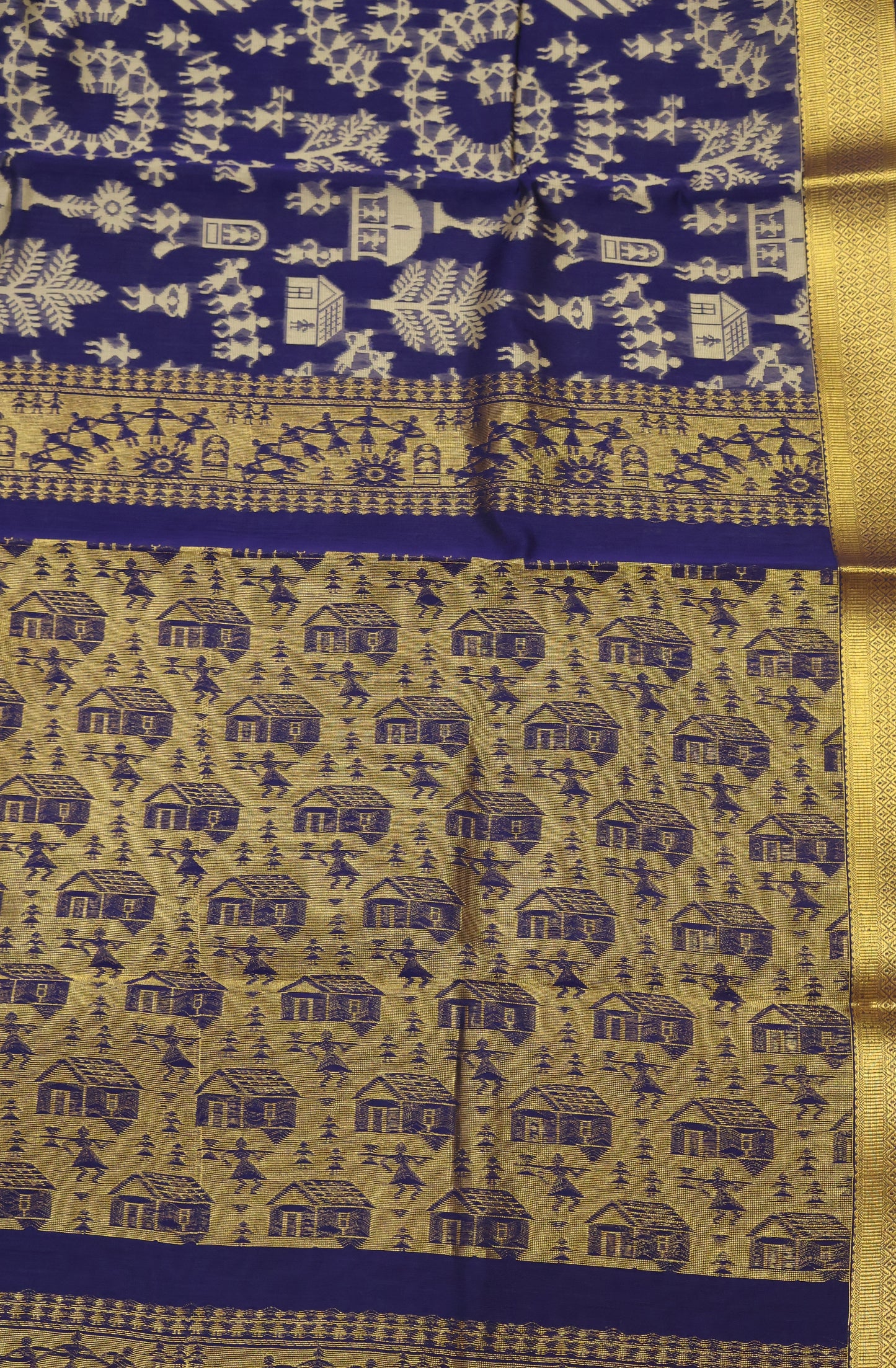 Kora Silk Cotton Saree -Village Pattern- Blue