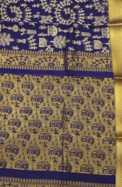Kora Silk Cotton Saree -Village Pattern- Blue