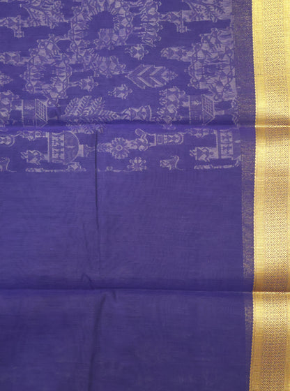 Kora Silk Cotton Saree -Village Pattern- Blue