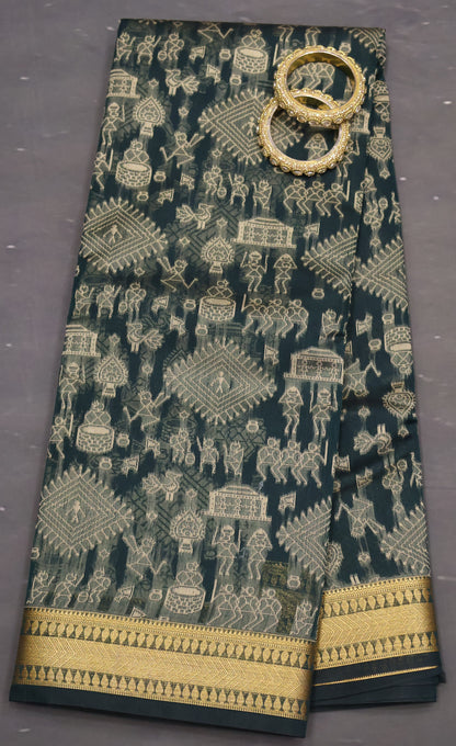 Kora Silk Cotton Saree - Warli Pattern-Green