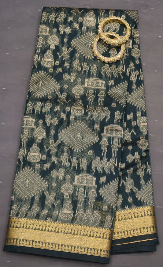 Kora Silk Cotton Saree - Warli Pattern-Green