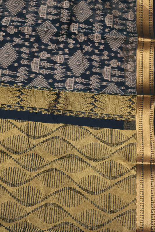 Kora Silk Cotton Saree - Warli Pattern-Green