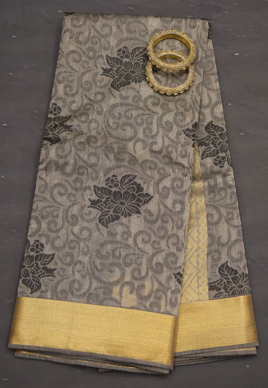 Kora Silk Cotton Saree - Creeper Pattern-Grey