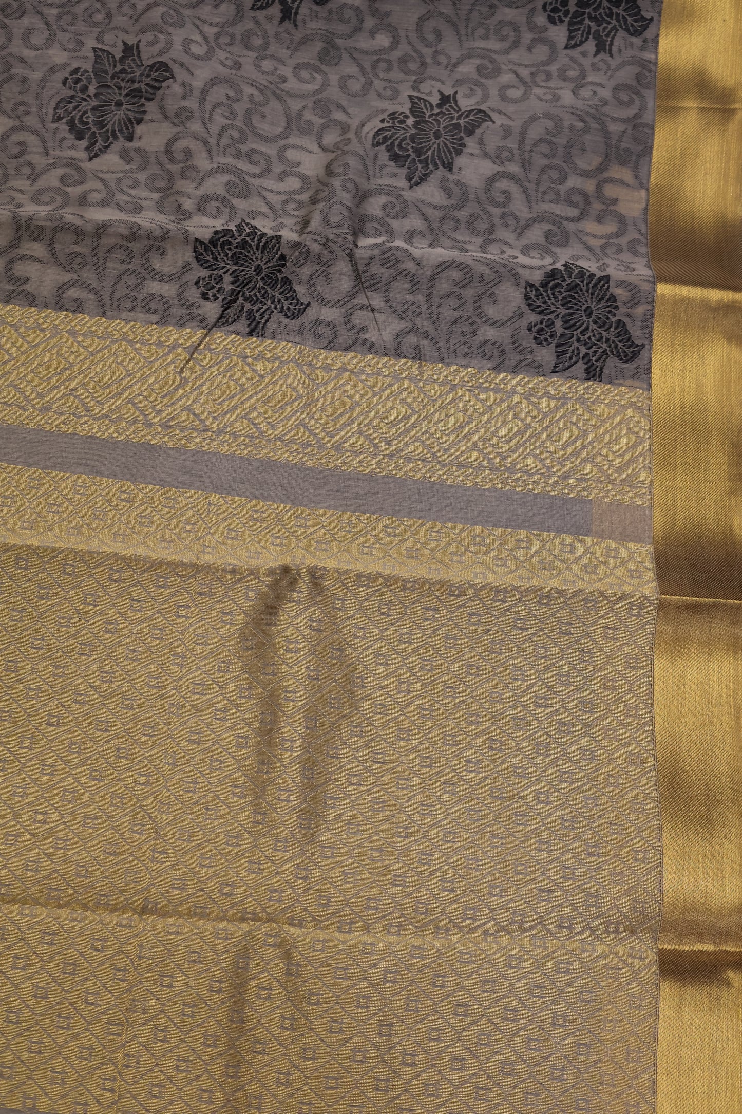 Kora Silk Cotton Saree - Creeper Pattern-Grey