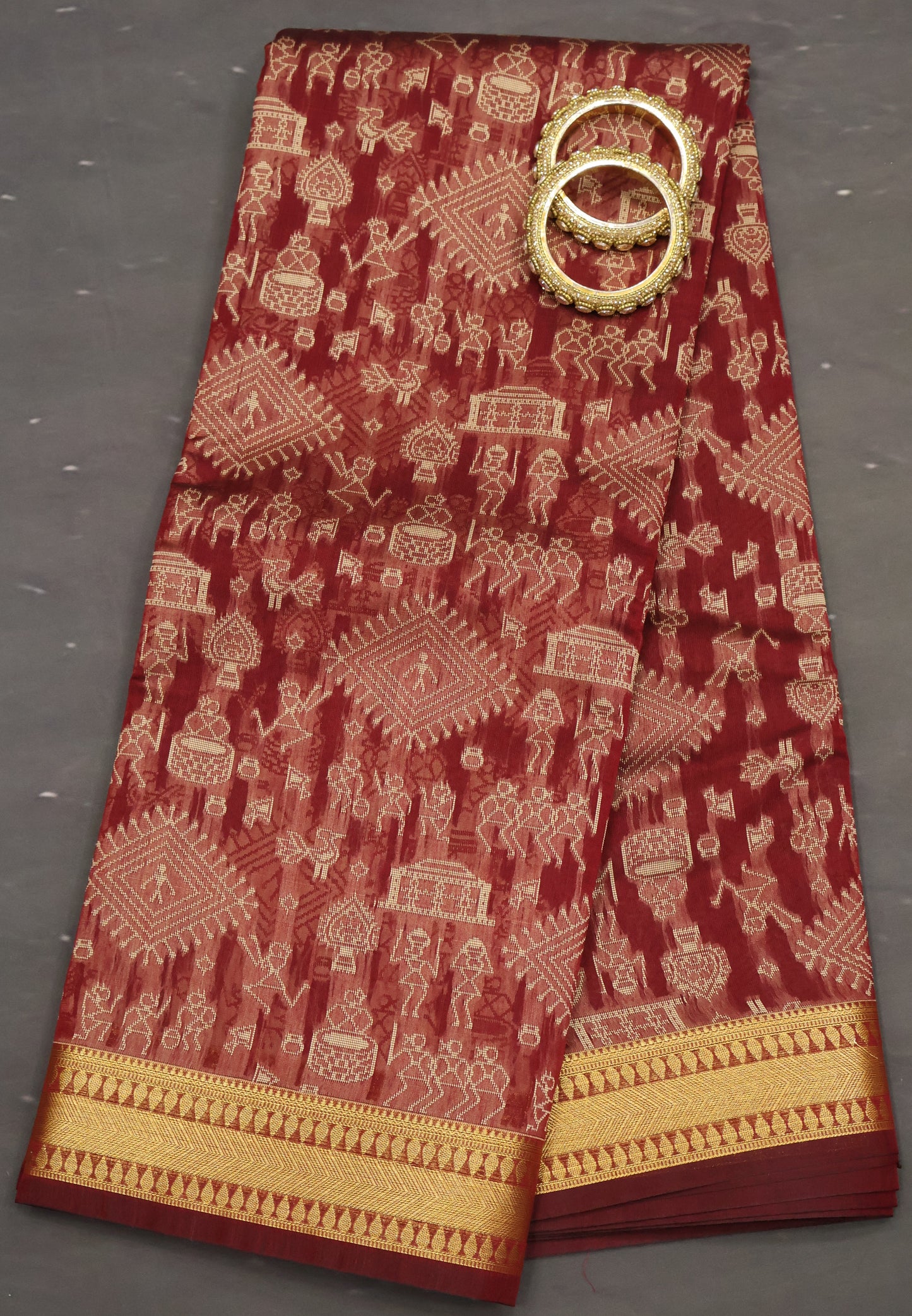 Kora Silk Cotton Saree - Warli Pattern-Maroon