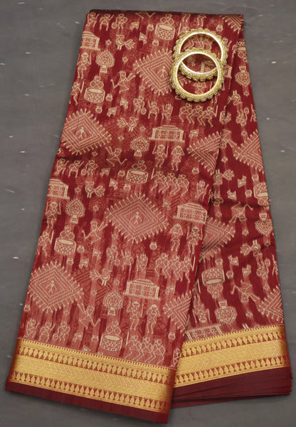 Kora Silk Cotton Saree - Warli Pattern-Maroon