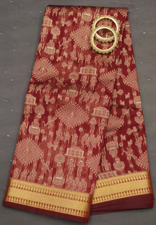 Kora Silk Cotton Saree - Warli Pattern-Maroon