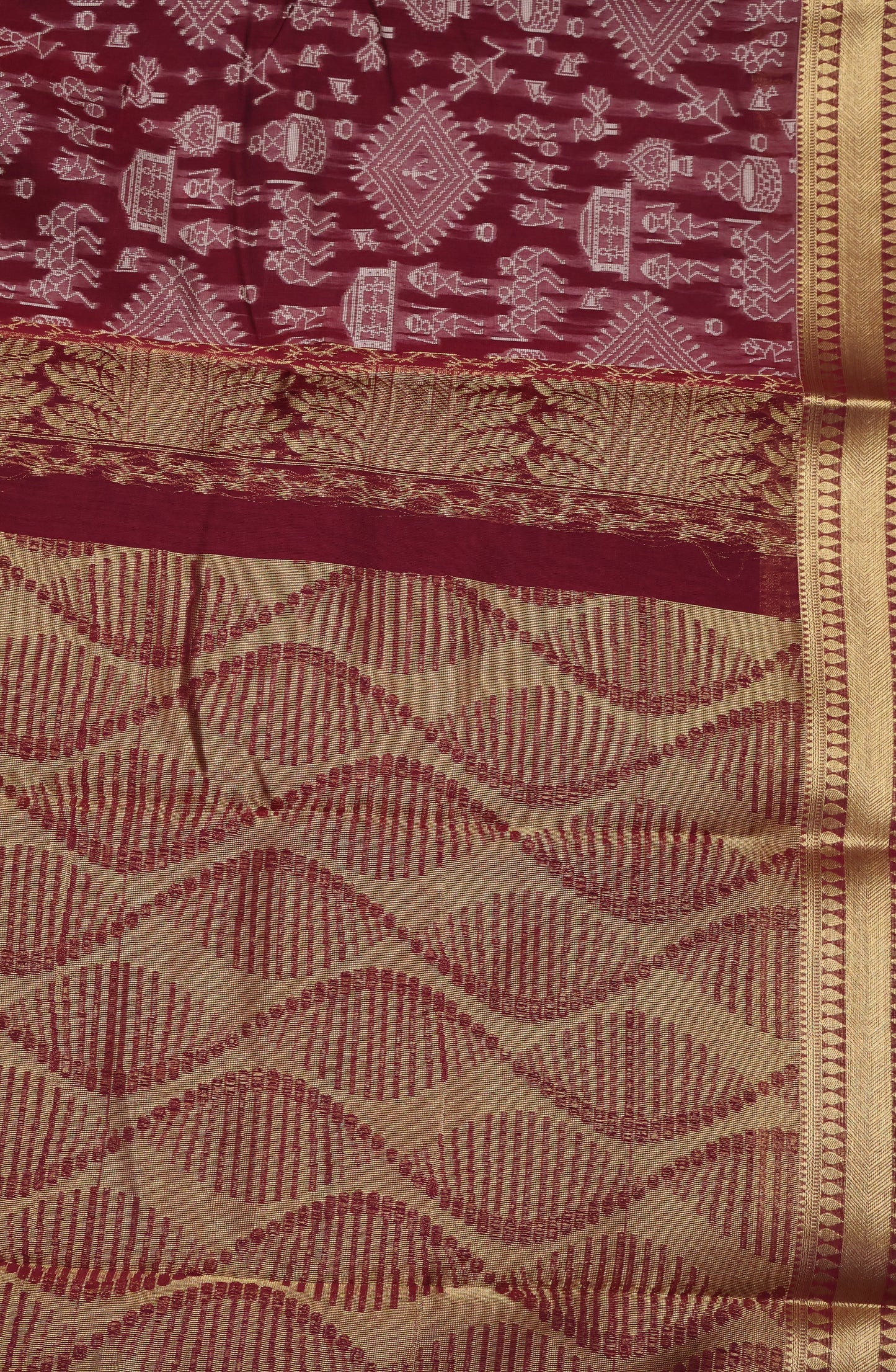 Kora Silk Cotton Saree - Warli Pattern-Maroon