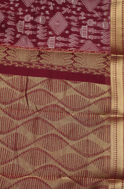 Kora Silk Cotton Saree - Warli Pattern-Maroon