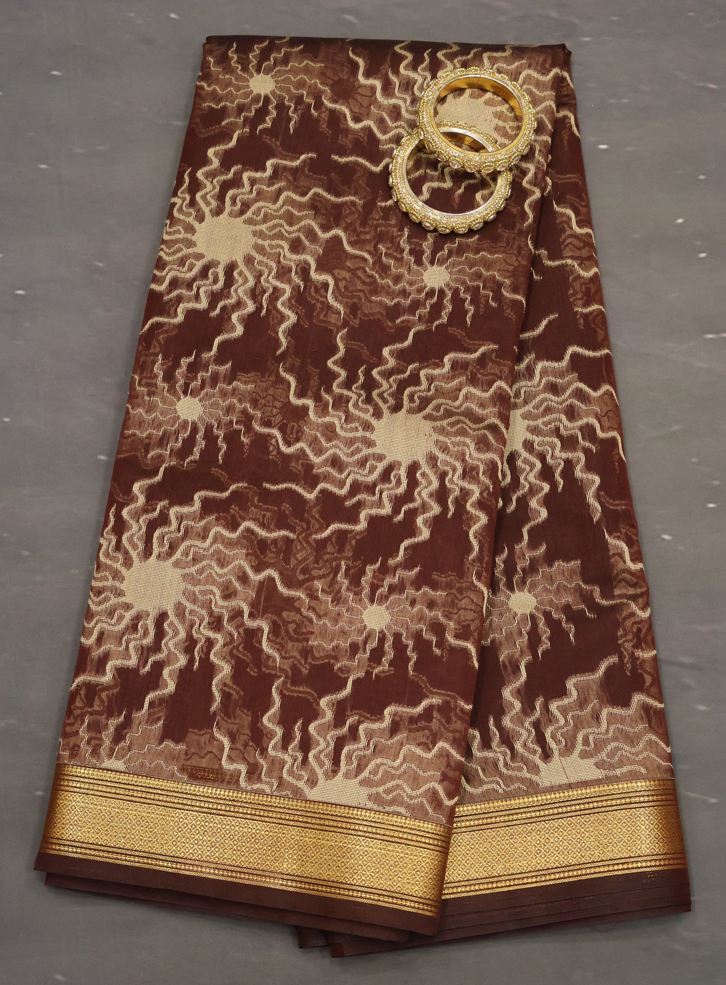 Kora Silk Cotton Saree -Sun Spark Pattern-Brown