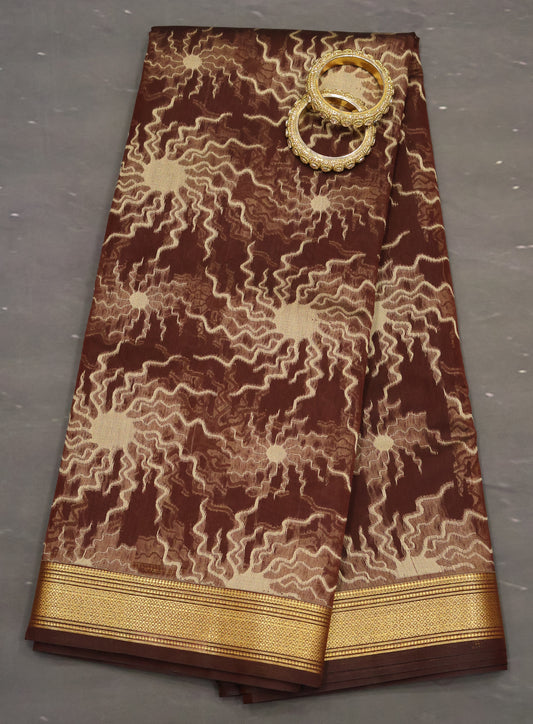 Kora Silk Cotton Saree -Sun Spark Pattern-Brown