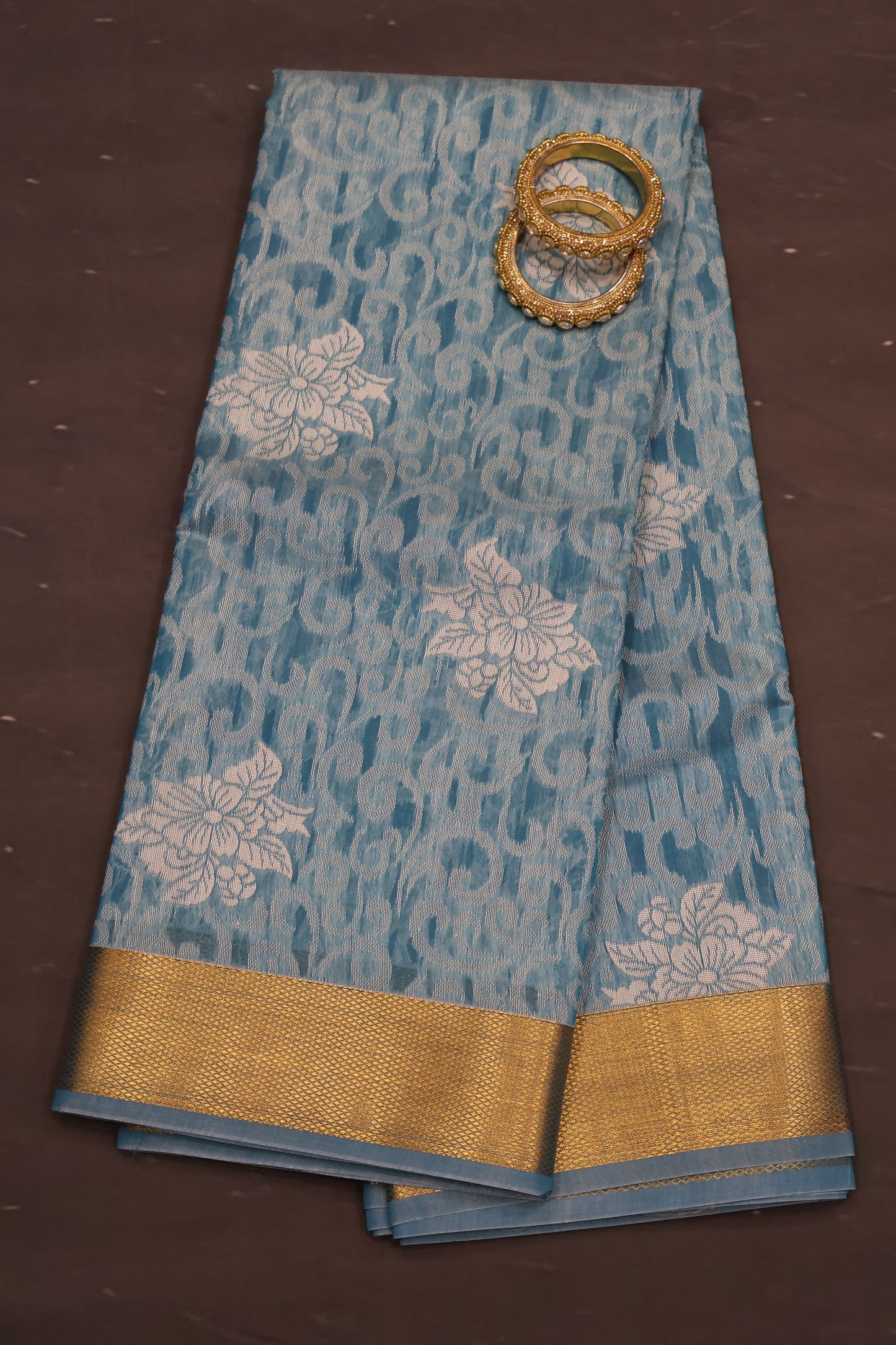 Kora Silk Cotton Saree - Creeper Pattern-Sky Blue