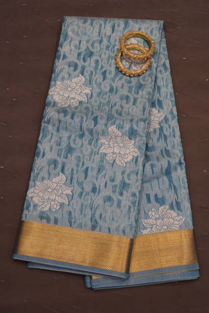 Kora Silk Cotton Saree - Creeper Pattern-Sky Blue
