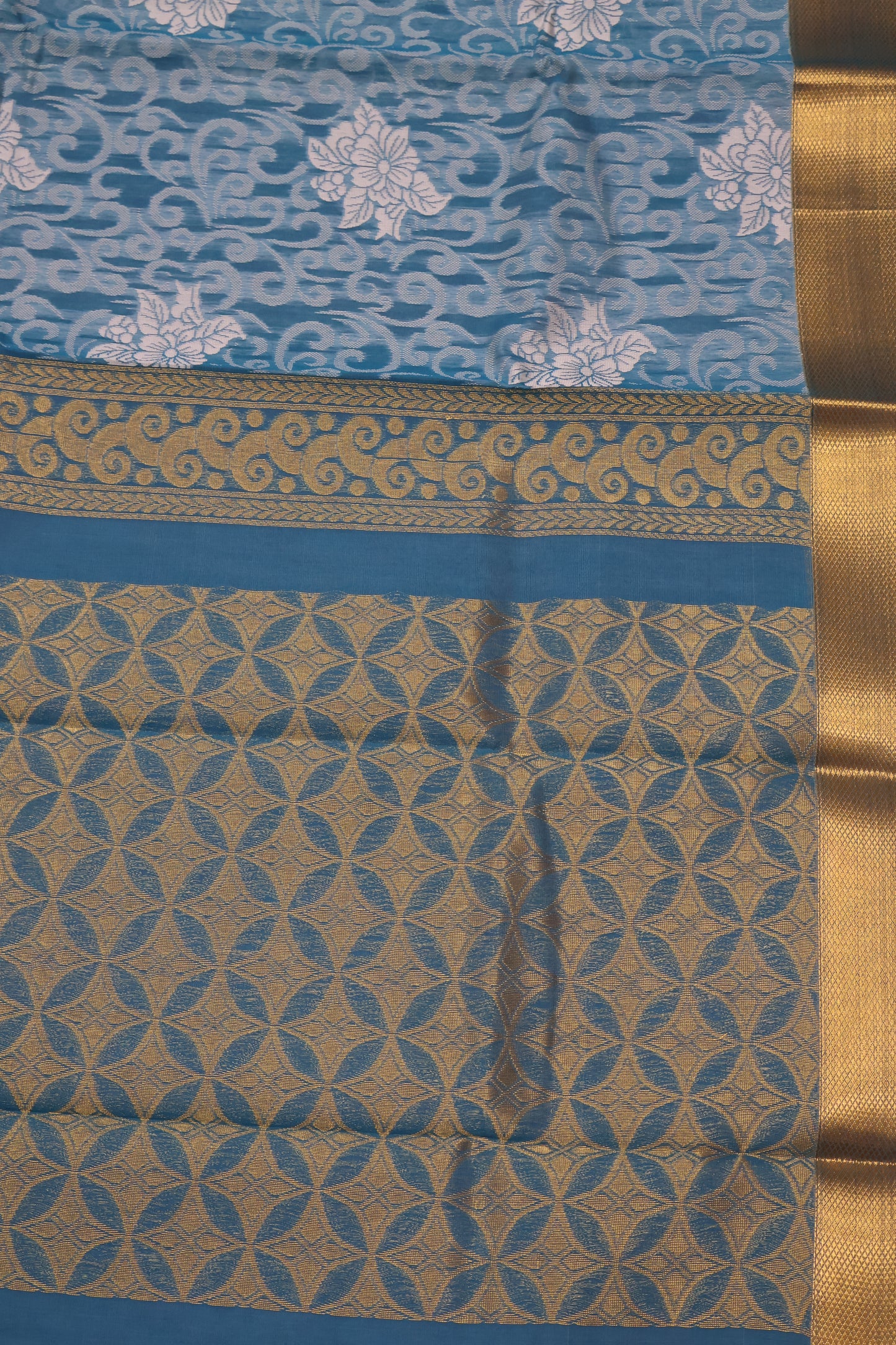 Kora Silk Cotton Saree - Creeper Pattern-Sky Blue