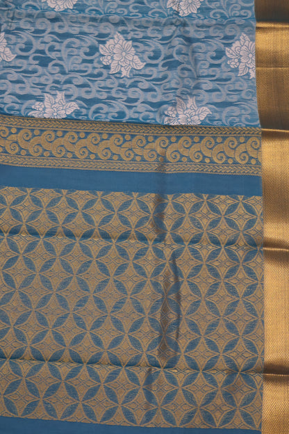 Kora Silk Cotton Saree - Creeper Pattern-Sky Blue