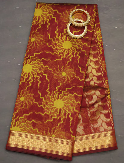 Kora Silk Cotton Saree -Sun Spark Pattern- Maroon