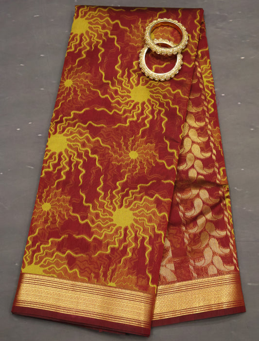 Kora Silk Cotton Saree -Sun Spark Pattern- Maroon