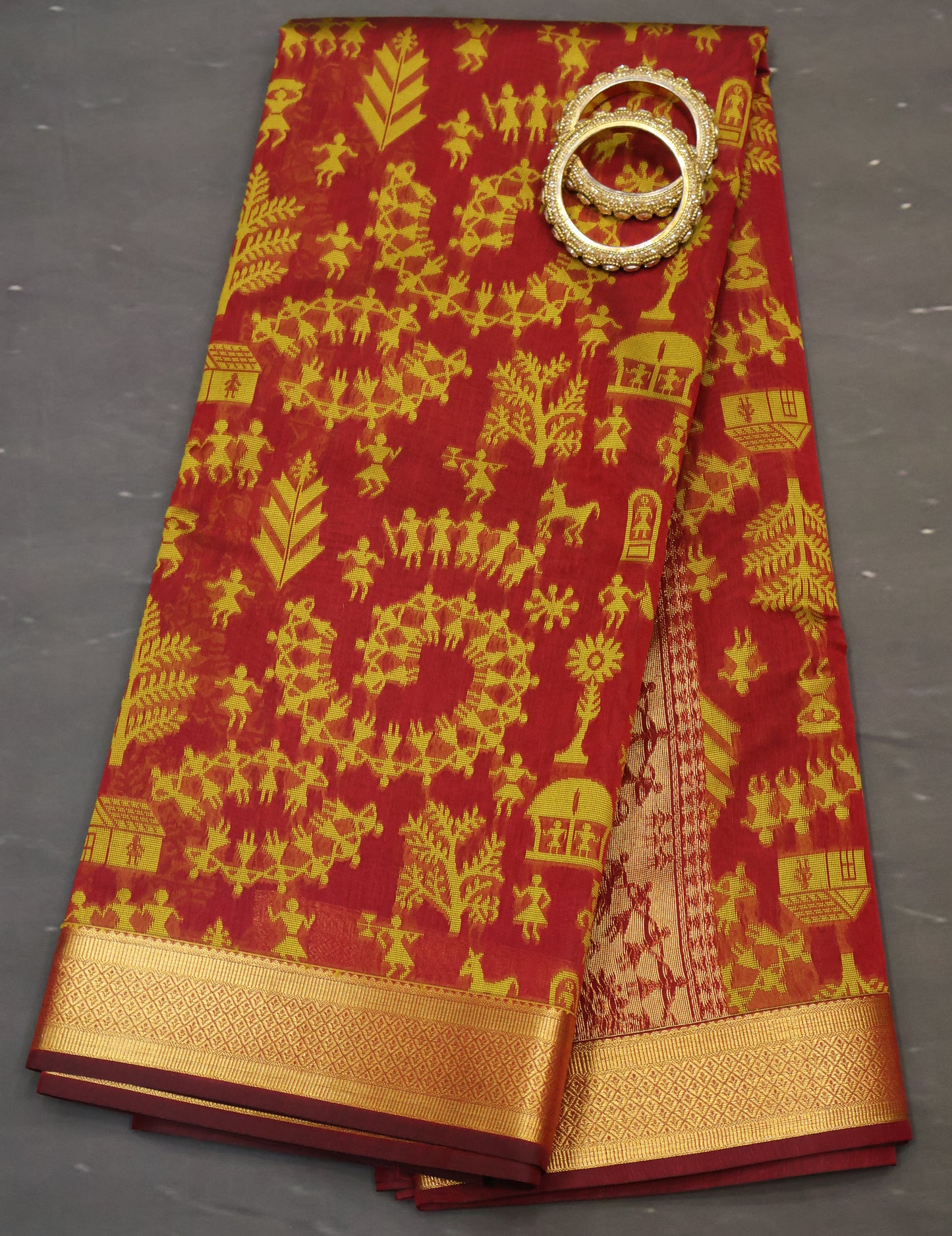 Kora Silk Cotton Saree -Village Pattern- Red