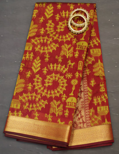 Kora Silk Cotton Saree -Village Pattern- Red