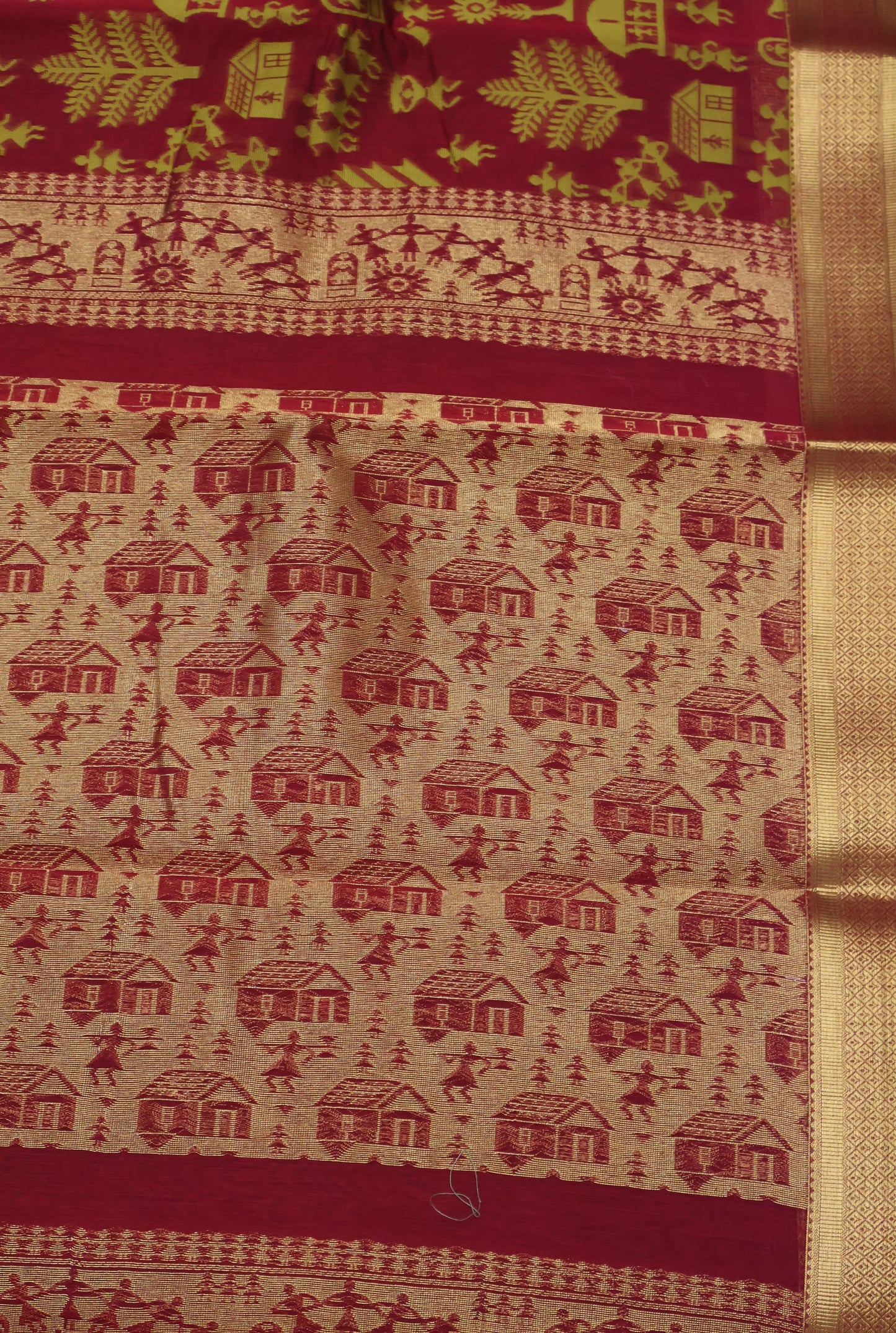Kora Silk Cotton Saree -Village Pattern- Red