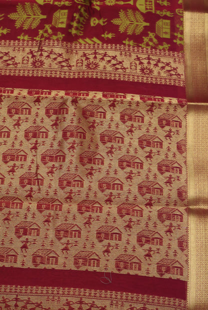 Kora Silk Cotton Saree -Village Pattern- Red