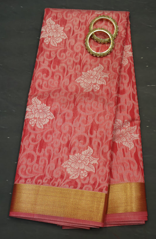 Kora Silk Cotton Saree - Creeper Pattern-Pink