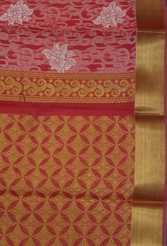 Kora Silk Cotton Saree - Creeper Pattern-Pink