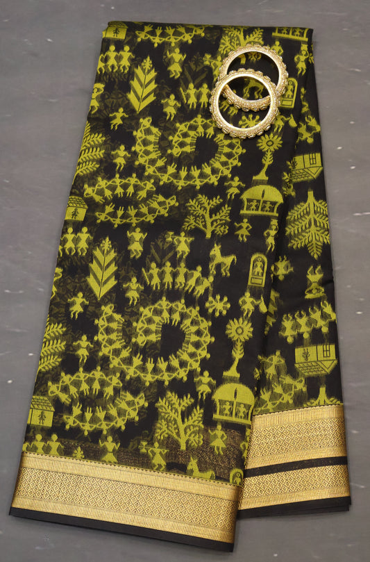 Kora Silk Cotton Saree -Village Pattern- Black
