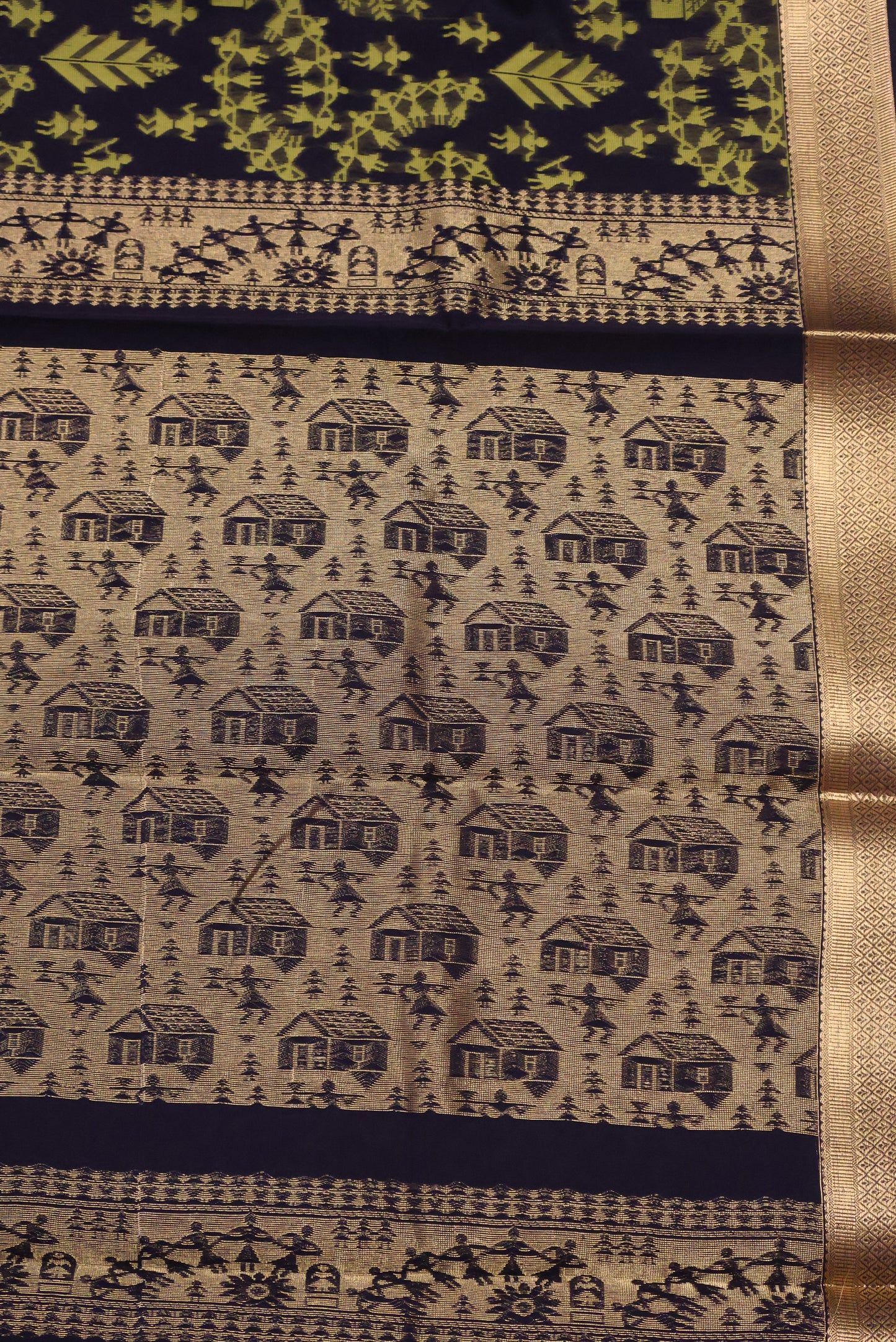 Kora Silk Cotton Saree -Village Pattern- Black