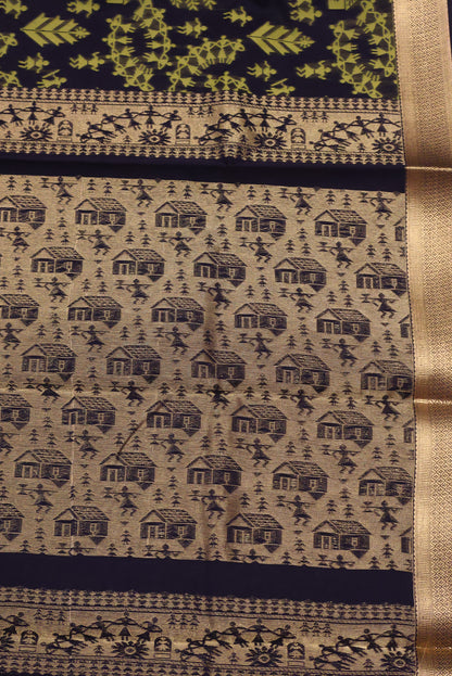 Kora Silk Cotton Saree -Village Pattern- Black