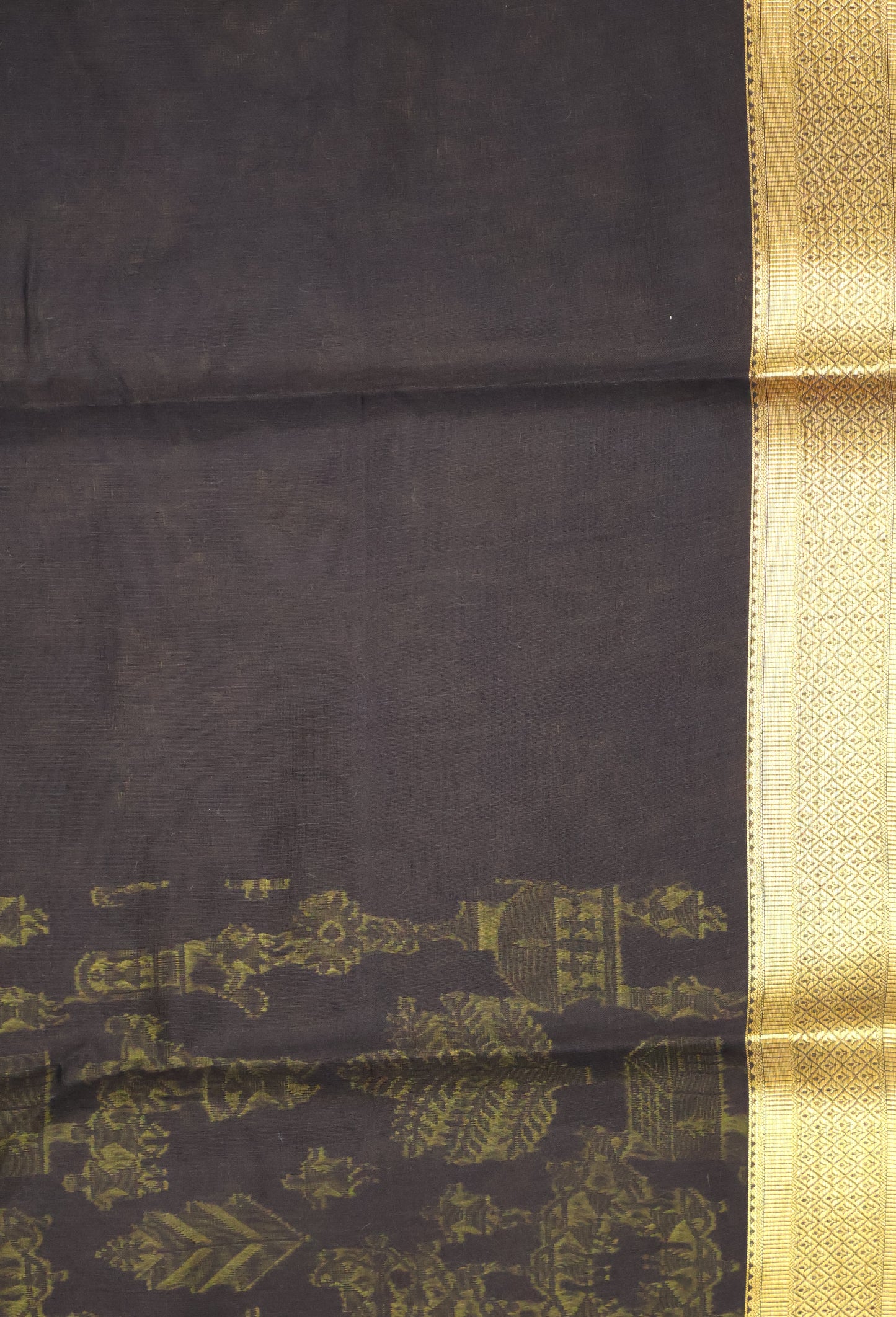 Kora Silk Cotton Saree -Village Pattern- Black