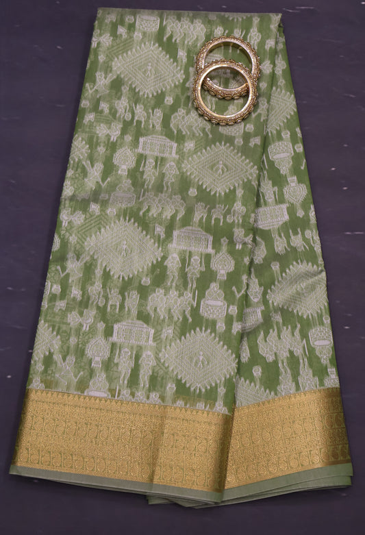 Kora Silk Cotton Saree - Warli Pattern- Light Green