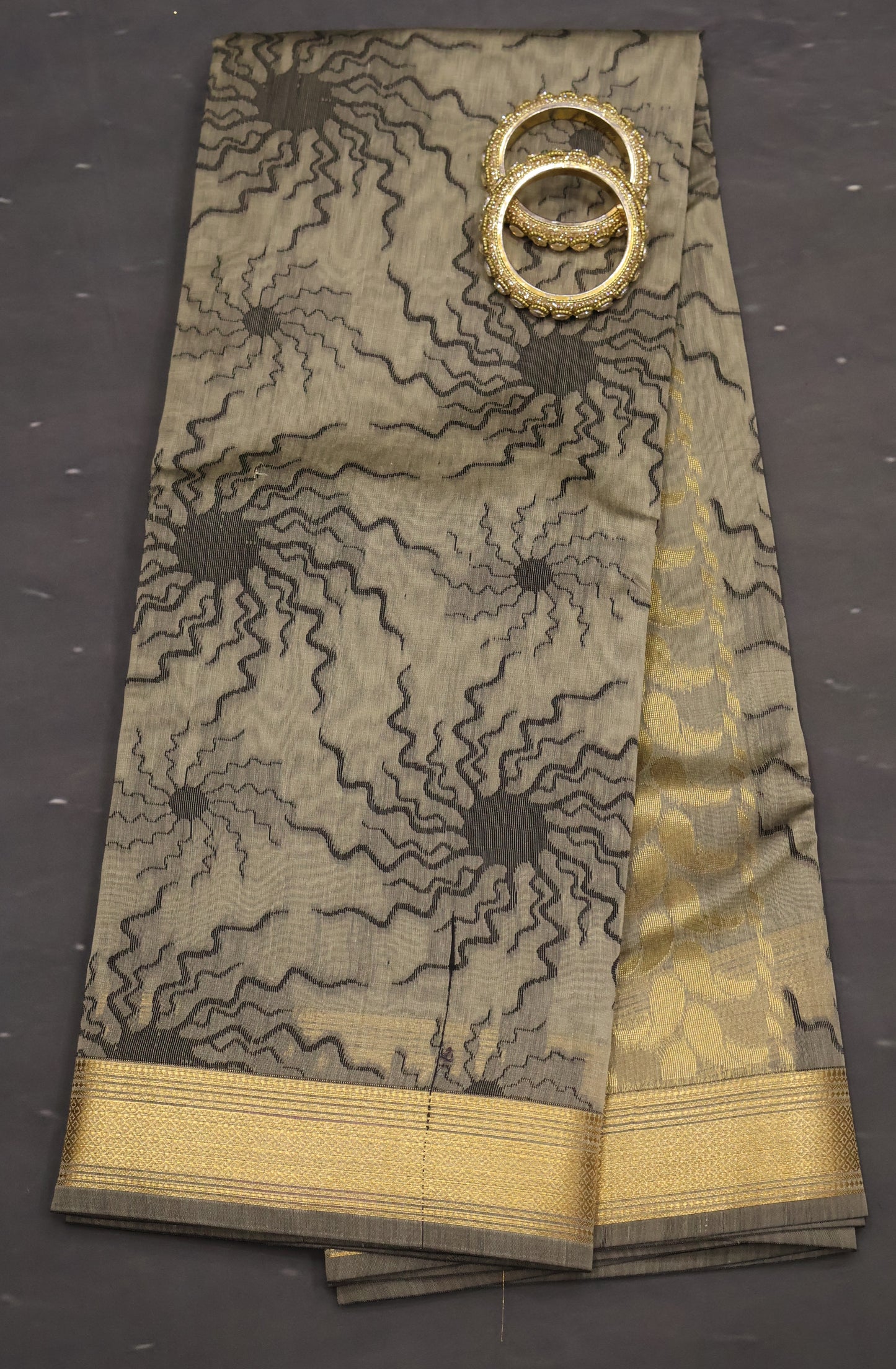 Kora Silk Cotton Saree -Sun Spark Pattern- Beige