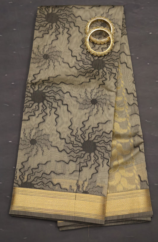 Kora Silk Cotton Saree -Sun Spark Pattern- Beige