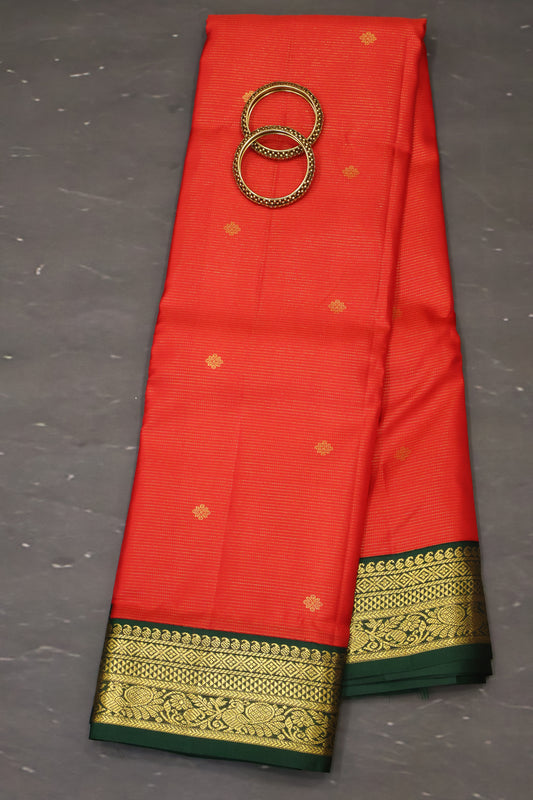 Pure Kanjivaram Silk Saree - Red With Green Vairaoosi