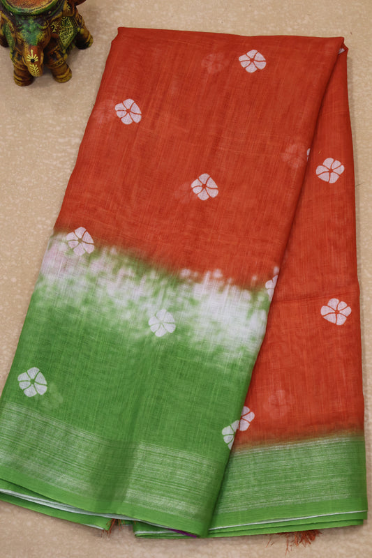 Semi Linen with Flower Print -Orange White