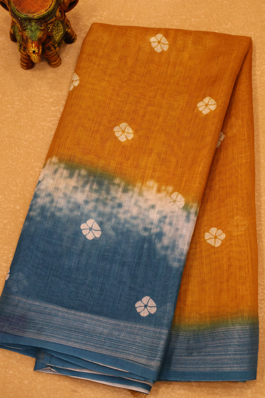 Semi Linen with Flower Print -Mustard white
