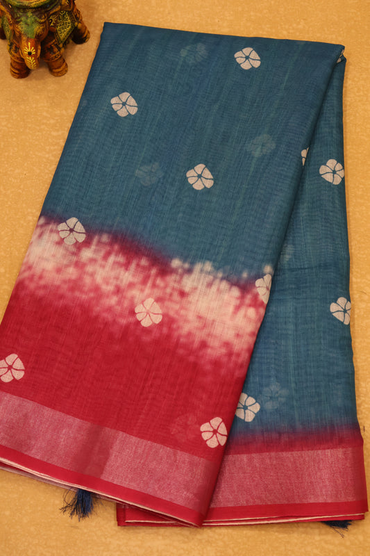 Semi Linen with Flower Print - Blue White